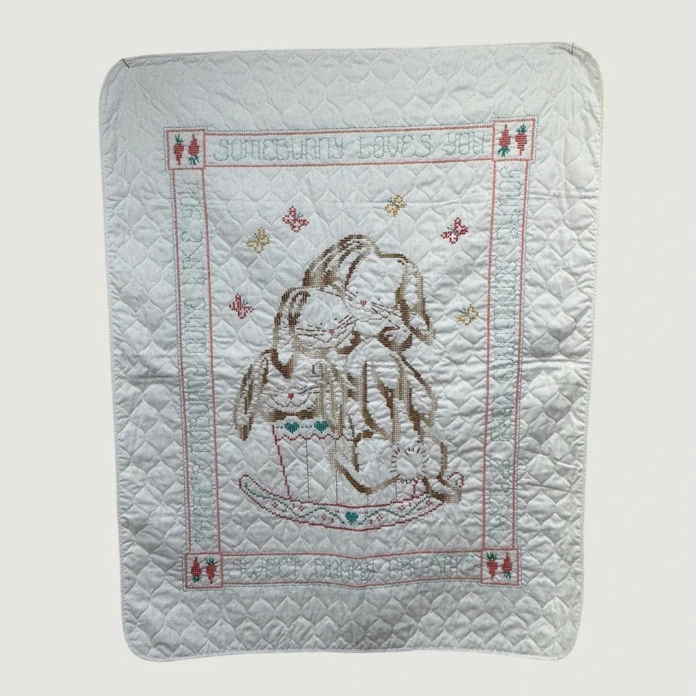 Bunny Baby Quilt Blanket Vintage White Somebunny Loves You Cross Stitch 42x33